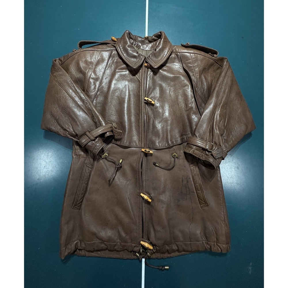 Vtg Damselle Ltd Women's Brown Leather Duffle Coat Jacket Toggle Cinched Small‎